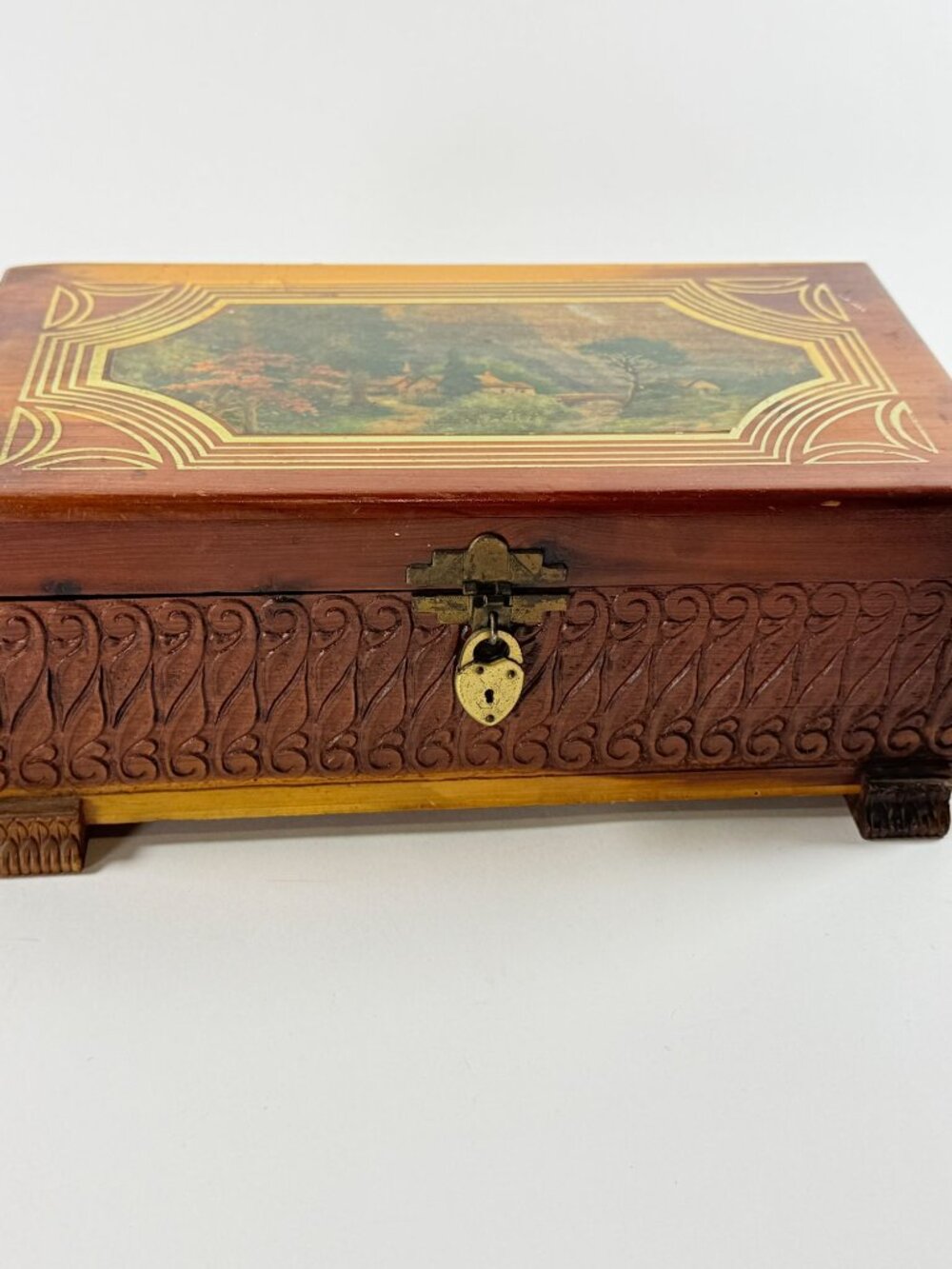 Vintage Wooden Keepsake Jewelry Box Decoupage Landscape Scene w/Hinged Lid
